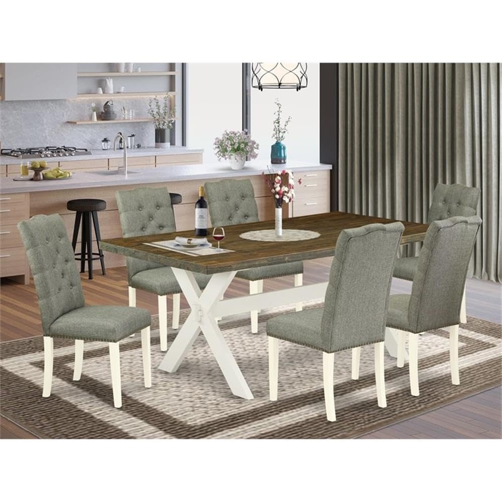 East West Furniture X077El207-7 7 Piece Dining Room Table Set Consist Of A Rectangle Dining Table With X-Legs And 6 Gray Linen Fabric Upholstered Parson Chairs, 40X72 Inch, Multi-Color